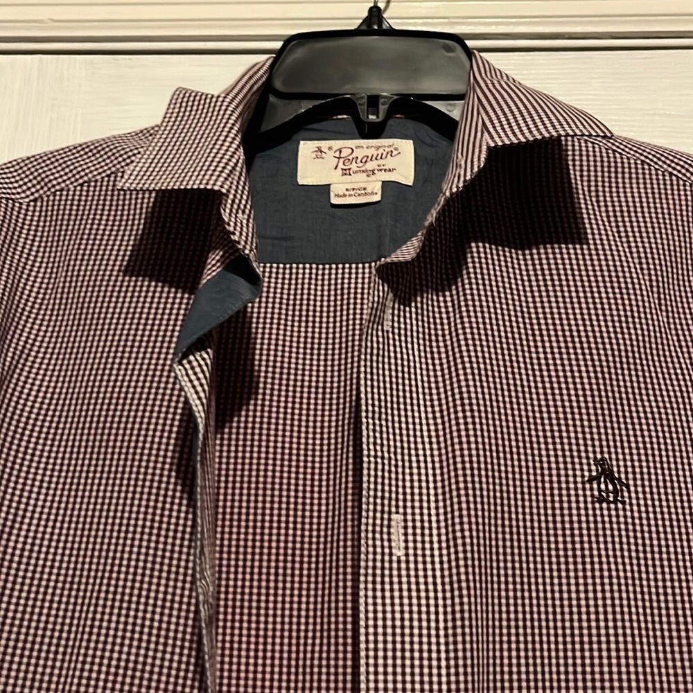 Mens Penguin burgundy checked button down size S